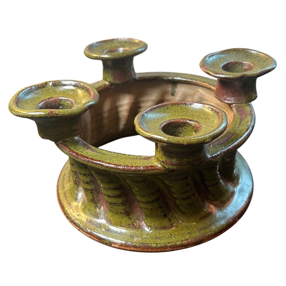 Rustic Primitive 8" Green 4 Tapered Candle Holder Ring Circular Pottery Handmade
